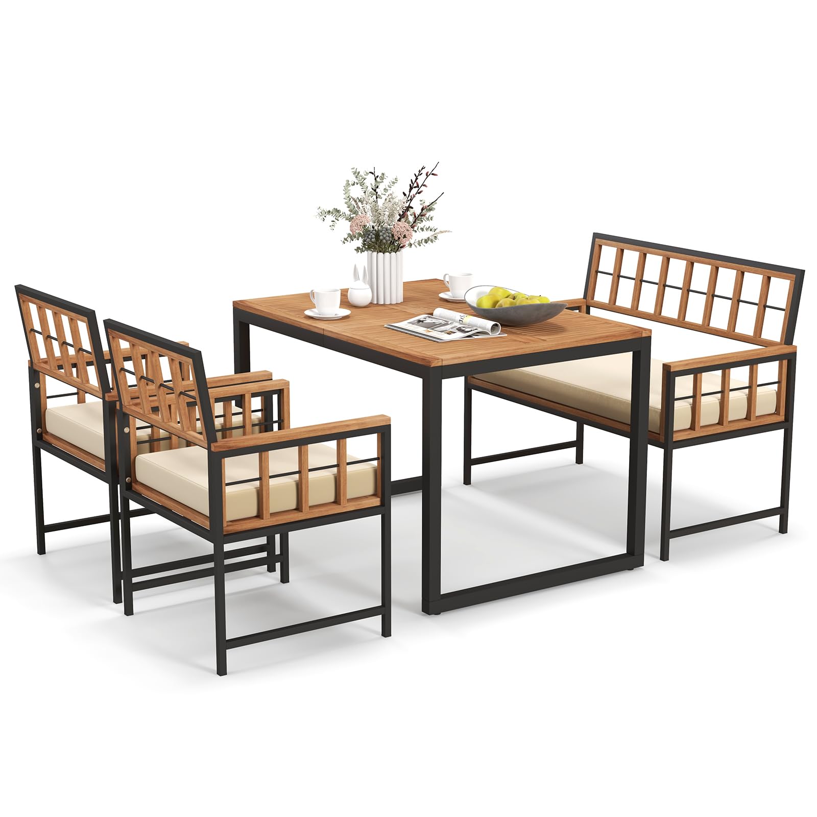Ensemble de salle à manger Tangkula 4 pièces pour patio, mobilier de jardin en bois avec 2 chaises et 1 causeuse, table en bois d'acacia de 120 cm avec trou pour parasol